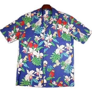 Vintage Island Hawaiian Shirt Men's M Floral Parrots Button-Up Short Sleeve